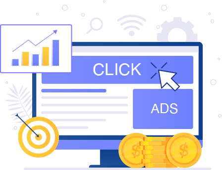 SEM freelancer in India offering SEM services, illustrared with paid search ads, click-through analytics and online advertising growth concept.